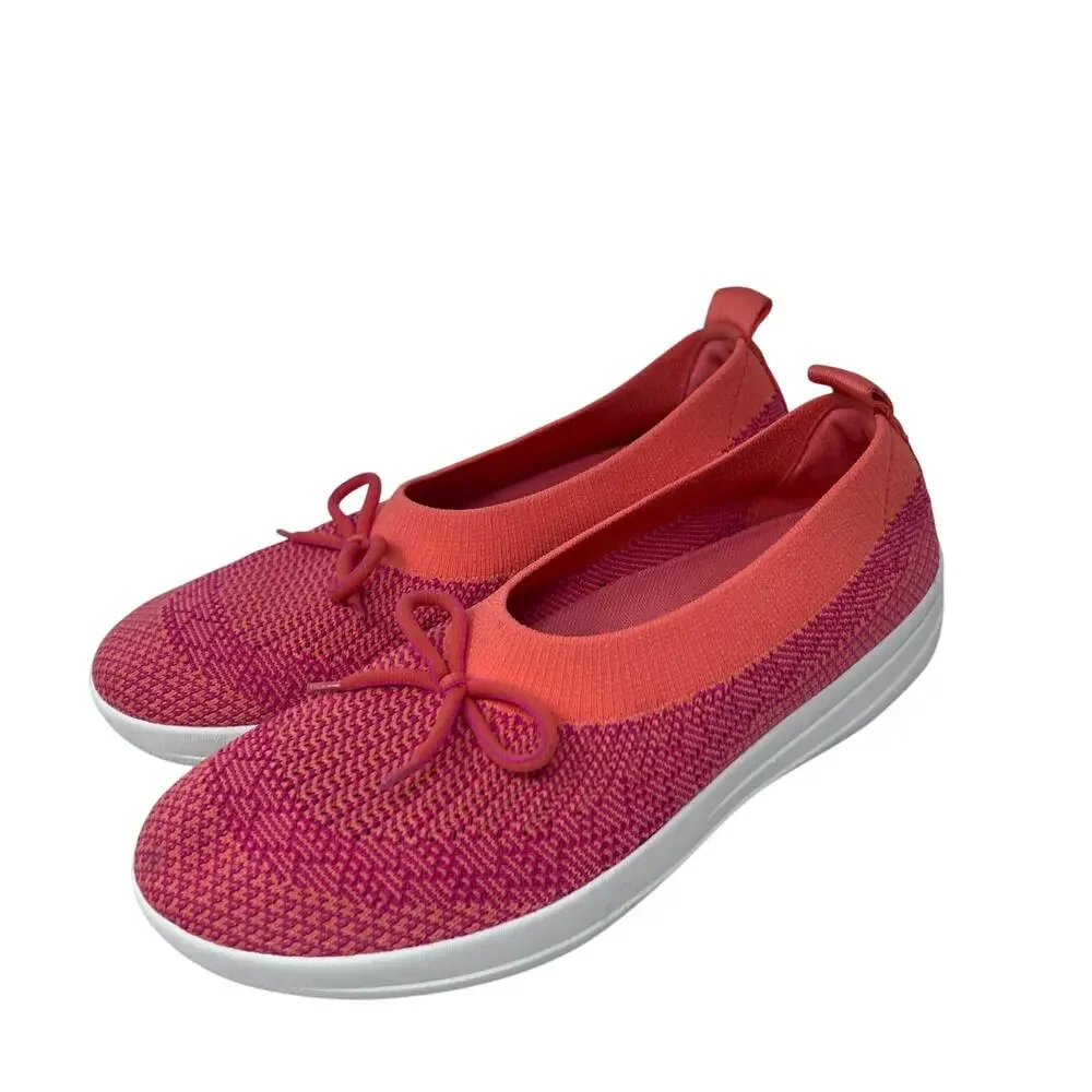 FitFlop Uberknit Slip On Women's Size 7 Ballet Flat Bow Coral Orange Pink‎ Mesh